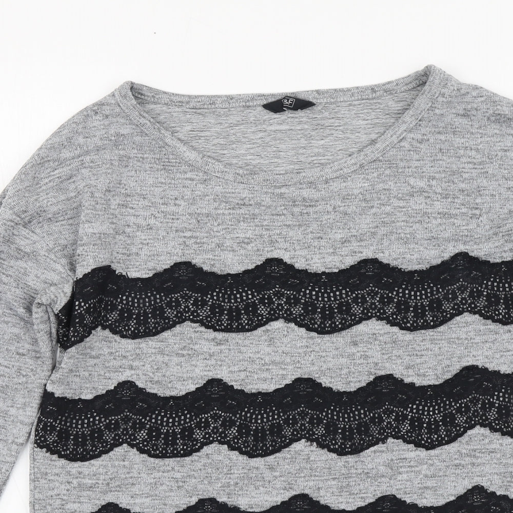 F&F Womens Grey Polyester Basic Blouse Size 8 Round Neck - Lace Detail