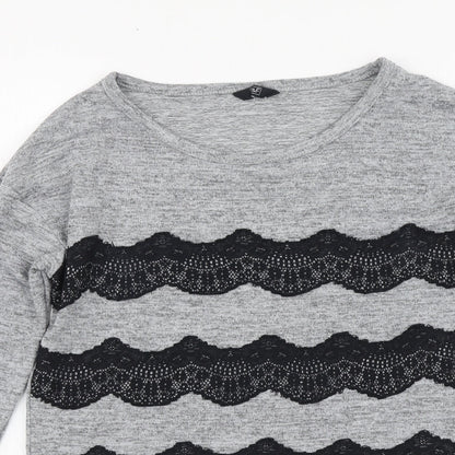 F&F Womens Grey Polyester Basic Blouse Size 8 Round Neck - Lace Detail