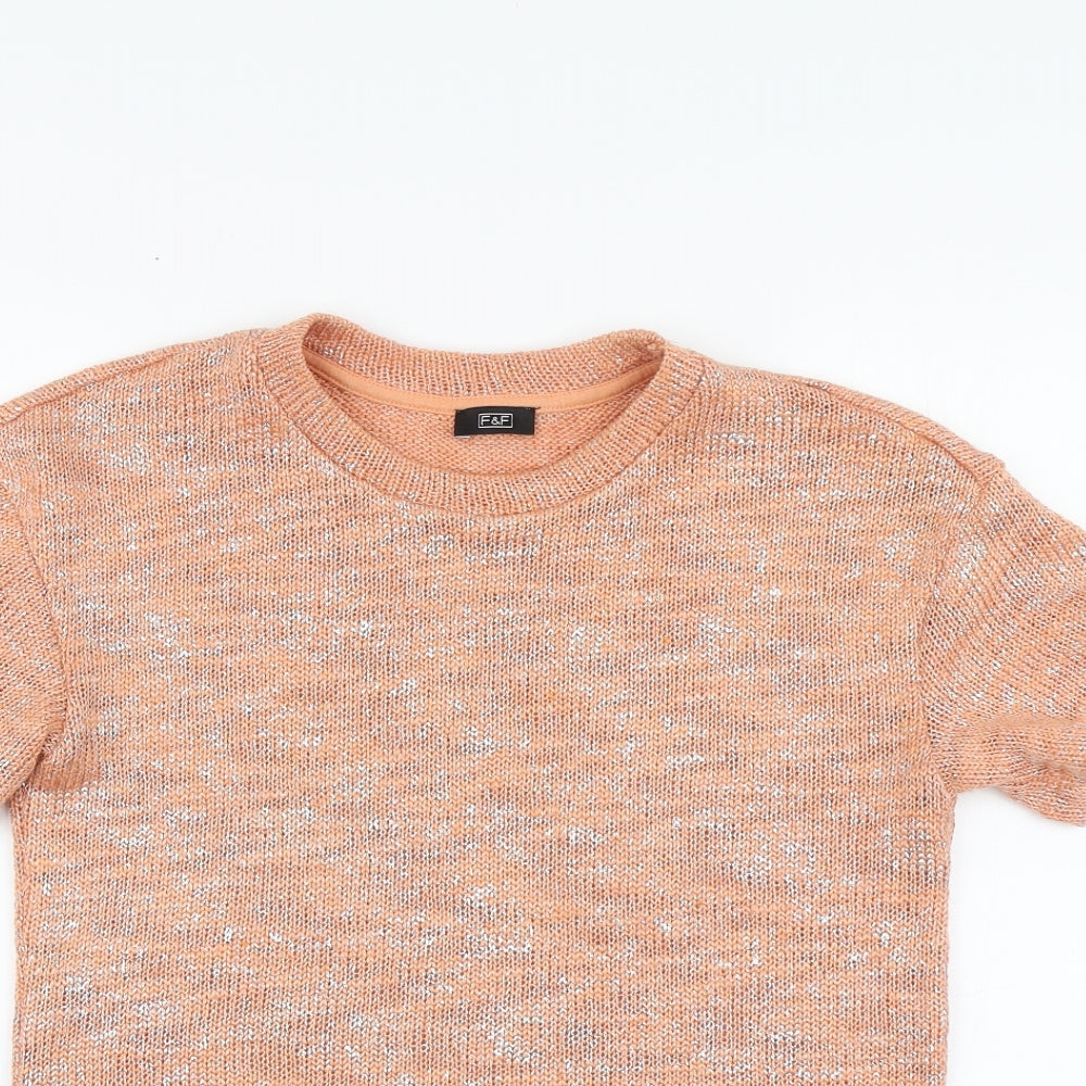 F&F Womens Orange Acrylic Basic T-Shirt Size 8 Round Neck