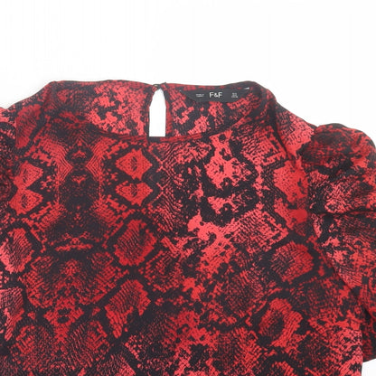 F&F Womens Red Animal Print Polyester Basic Blouse Size 8 Crew Neck - Snake Print