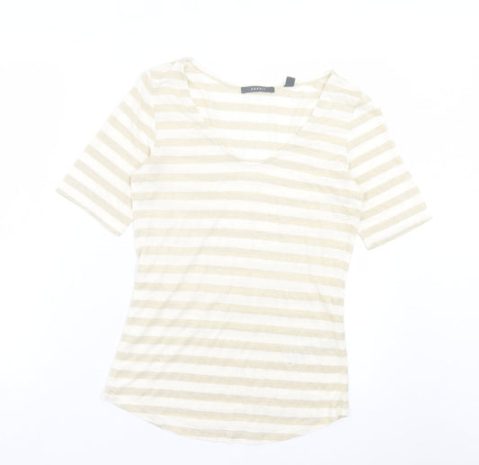 Esprit Womens Beige Striped Viscose Basic T-Shirt Size S Scoop Neck - Beige & Gold