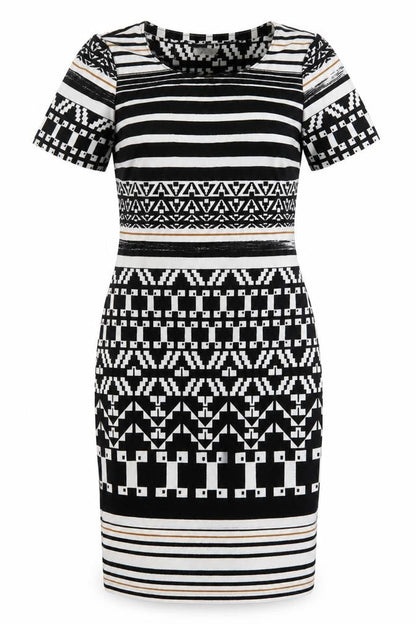 APANAGE Womens Black Geometric Polyester Pencil Dress Size 10 Crew Neck Pullover - Black, White & Gold