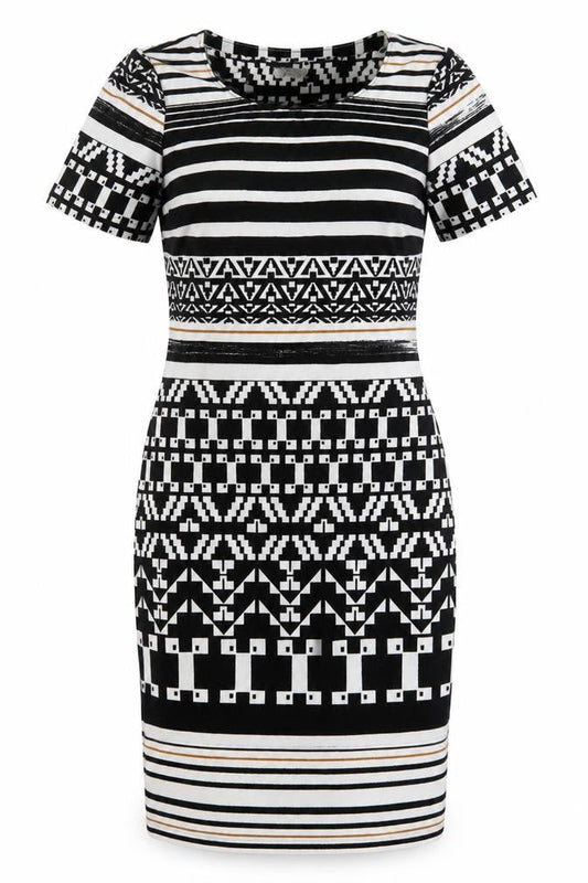 APANAGE Womens Black Geometric Polyester Pencil Dress Size 10 Crew Neck Pullover - Black, White & Gold