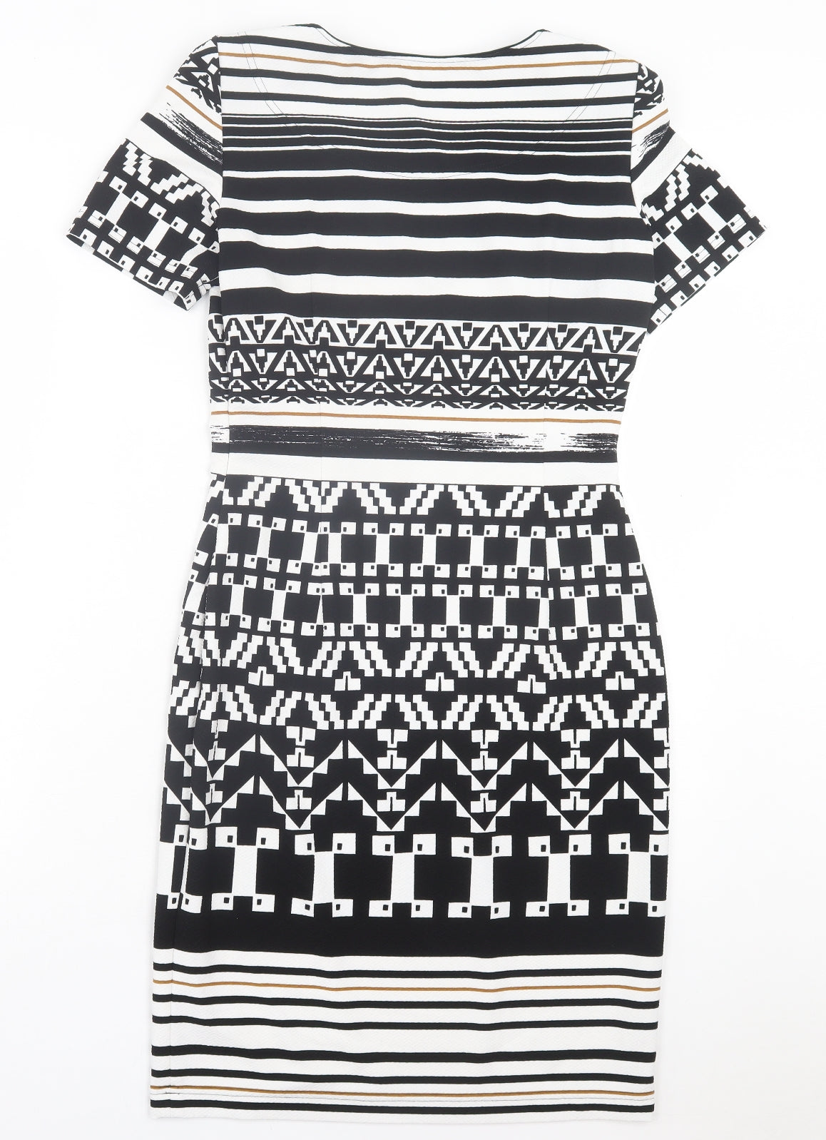 APANAGE Womens Black Geometric Polyester Pencil Dress Size 10 Crew Neck Pullover - Black, White & Gold