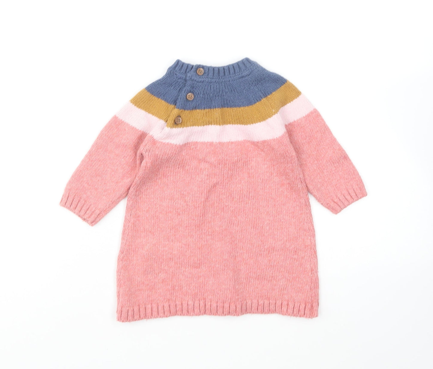 Marks and Spencer Girls Multicoloured Colourblock Cotton Jumper Dress Size 3-6 Months Round Neck Button