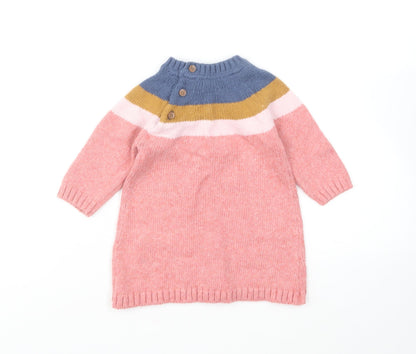 Marks and Spencer Girls Multicoloured Colourblock Cotton Jumper Dress Size 3-6 Months Round Neck Button