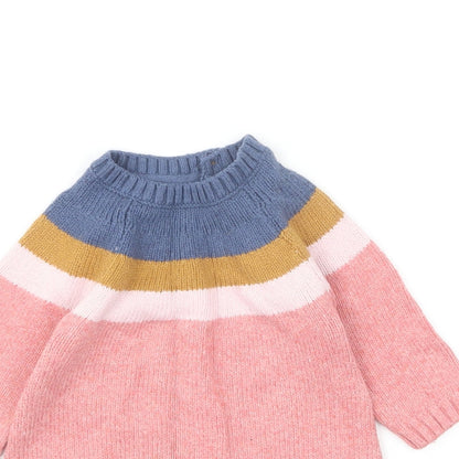 Marks and Spencer Girls Multicoloured Colourblock Cotton Jumper Dress Size 3-6 Months Round Neck Button