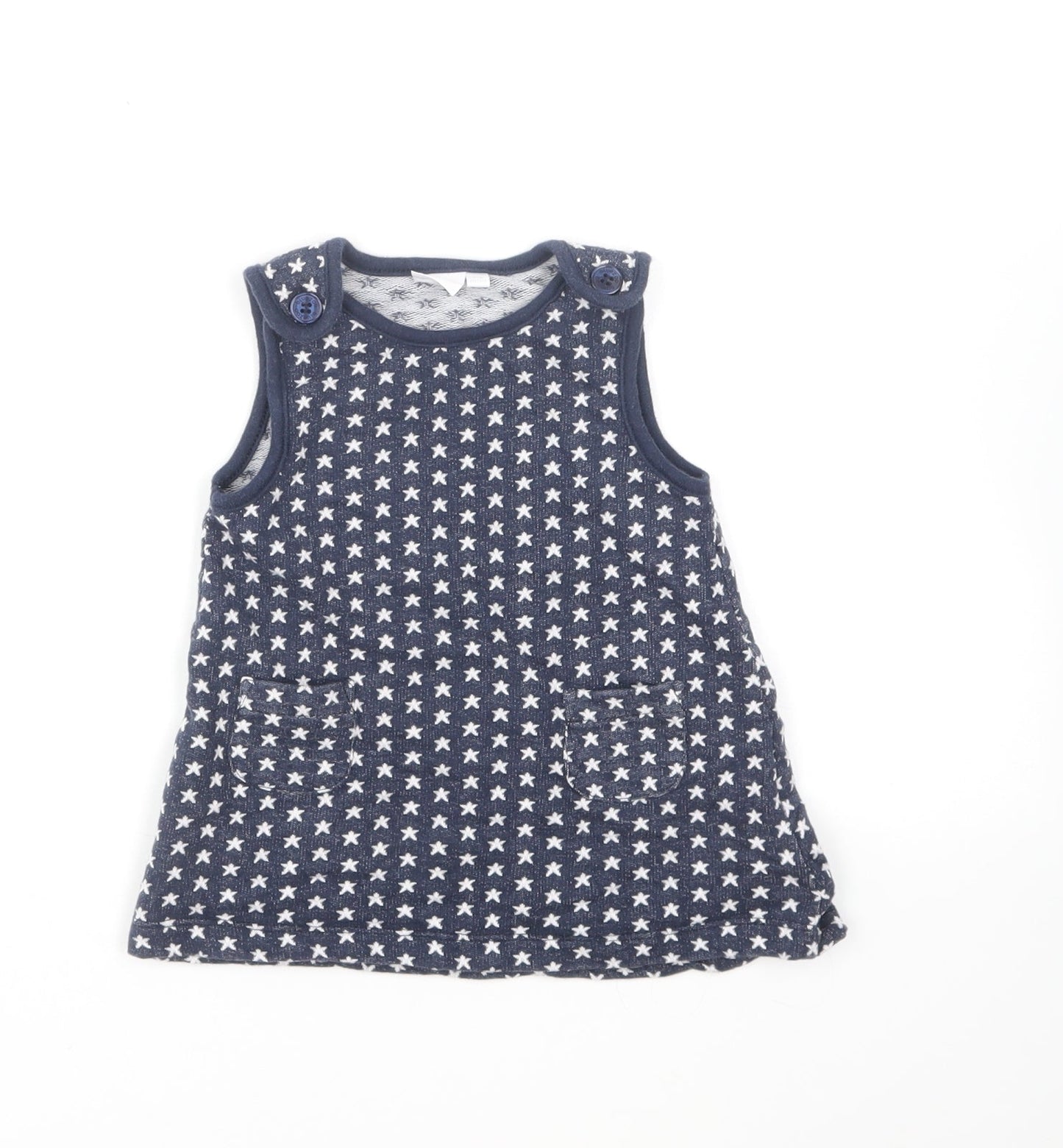 Blue Zoo Girls Blue Geometric Cotton Pinafore/Dungaree Dress Size 6-9 Months Square Neck Pullover - Stars
