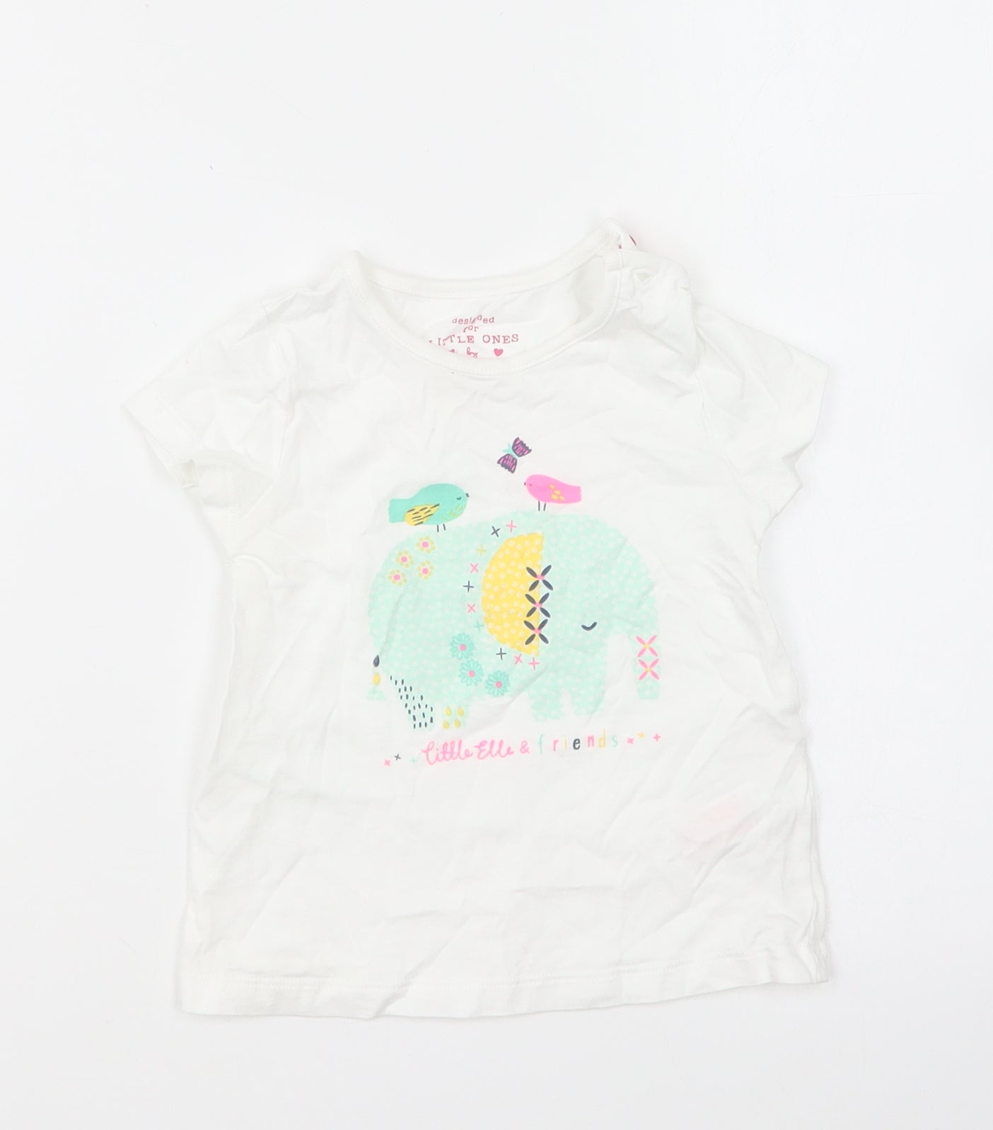 F&F Girls White Cotton Basic T-Shirt Size 12-18 Months Round Neck Pullover - Ellie The Elephant