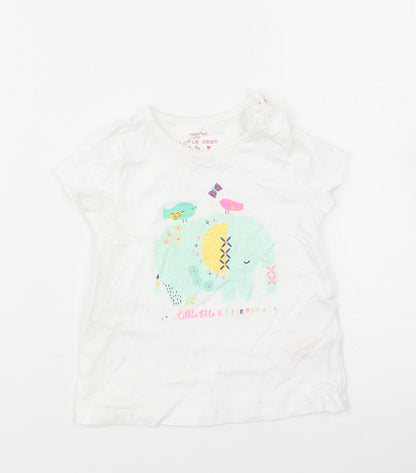F&F Girls White Cotton Basic T-Shirt Size 12-18 Months Round Neck Pullover - Ellie The Elephant