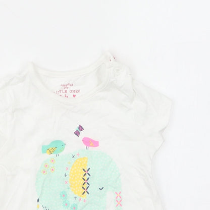 F&F Girls White Cotton Basic T-Shirt Size 12-18 Months Round Neck Pullover - Ellie The Elephant