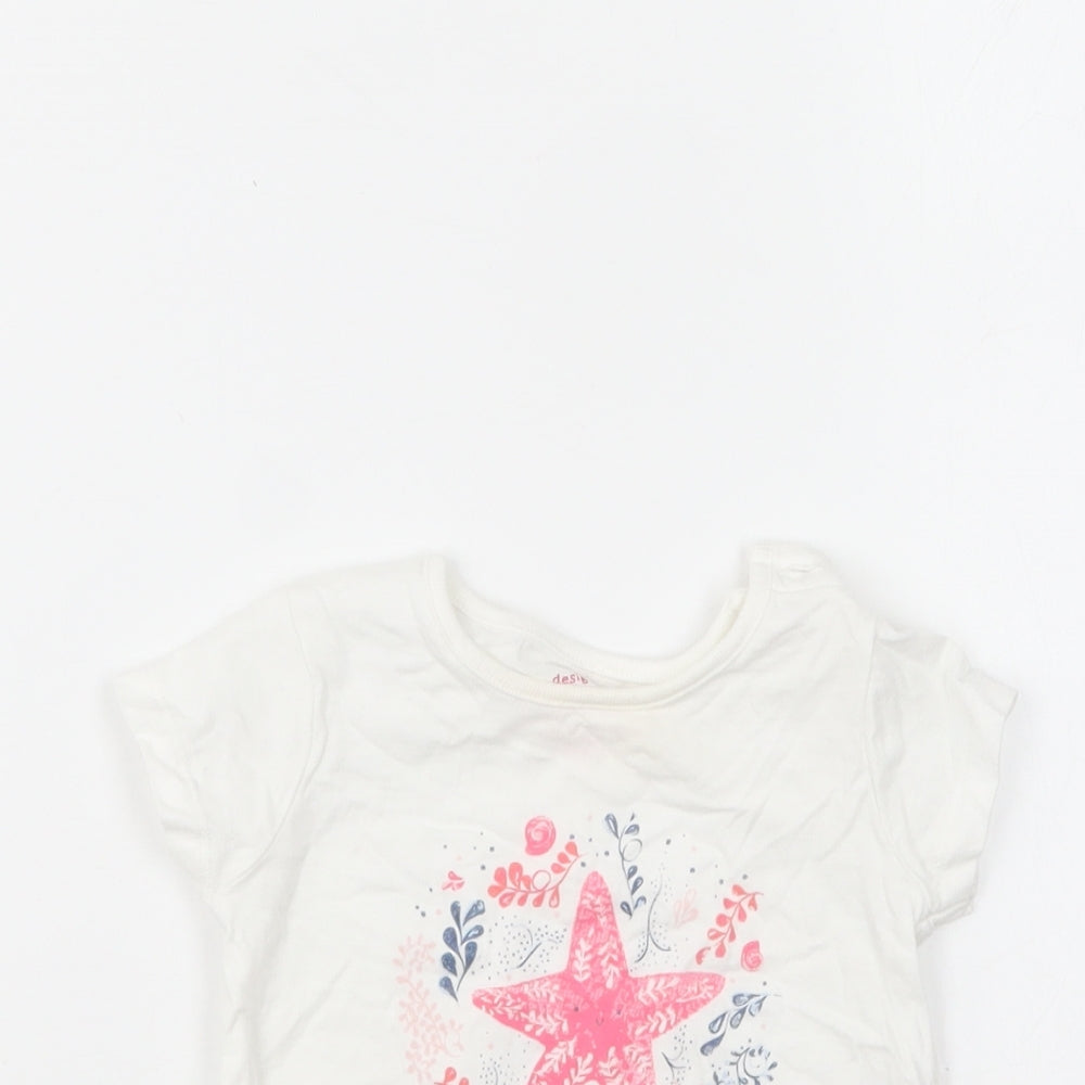 F&F Girls White Cotton Basic T-Shirt Size 9-12 Months Round Neck Pullover - Star