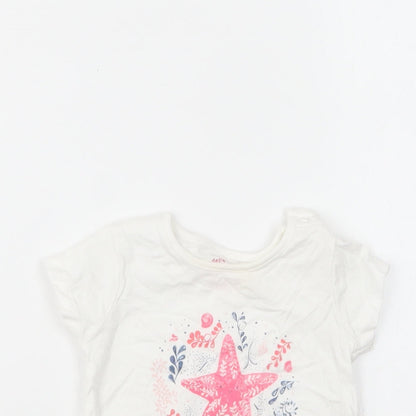 F&F Girls White Cotton Basic T-Shirt Size 9-12 Months Round Neck Pullover - Star