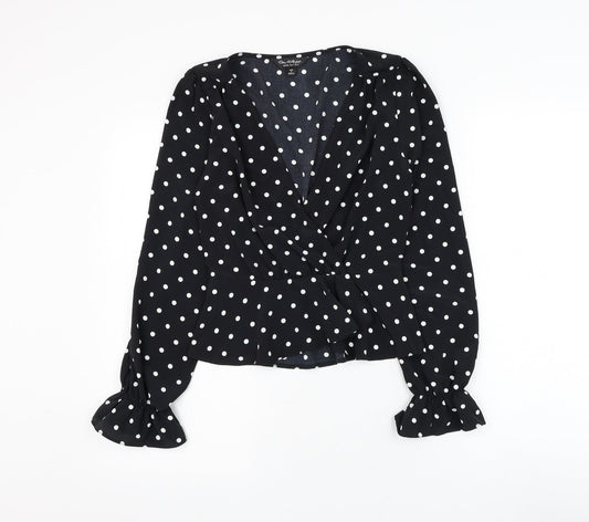 Miss Selfridge Womens Black Polka Dot Polyester Basic Blouse Size 8 V-Neck