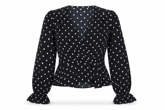 Miss Selfridge Womens Black Polka Dot Polyester Basic Blouse Size 8 V-Neck