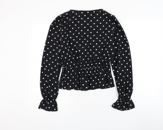 Miss Selfridge Womens Black Polka Dot Polyester Basic Blouse Size 8 V-Neck