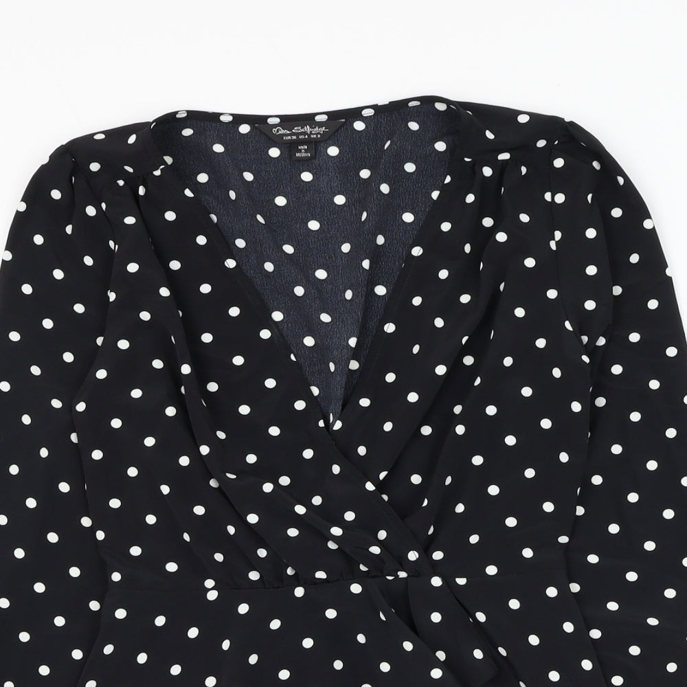 Miss Selfridge Womens Black Polka Dot Polyester Basic Blouse Size 8 V-Neck