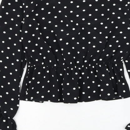 Miss Selfridge Womens Black Polka Dot Polyester Basic Blouse Size 8 V-Neck