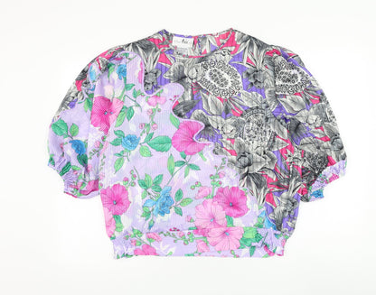 Nui Womens Purple Floral Polyester Basic Blouse Size L Round Neck