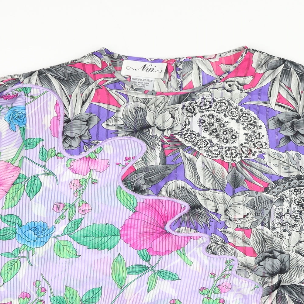Nui Womens Purple Floral Polyester Basic Blouse Size L Round Neck