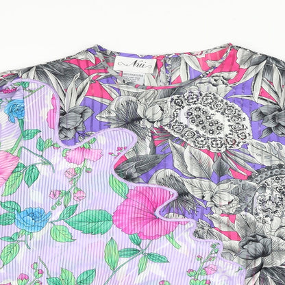 Nui Womens Purple Floral Polyester Basic Blouse Size L Round Neck