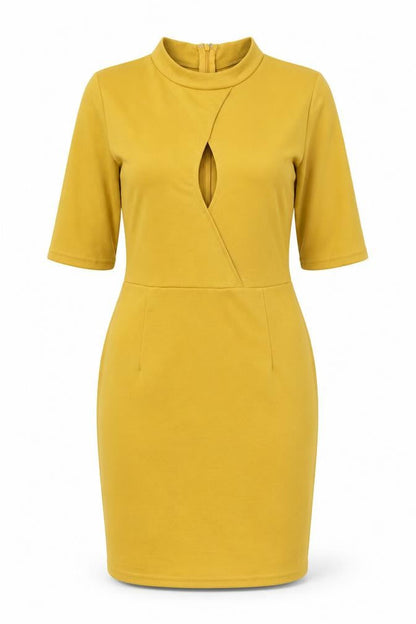 Preworn Womens Yellow Polyester Bodycon Size M Round Neck Zip