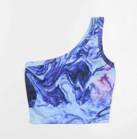 Shein Womens Blue Geometric Polyester Cropped Tank Size 6 One Shoulder - Marble Print