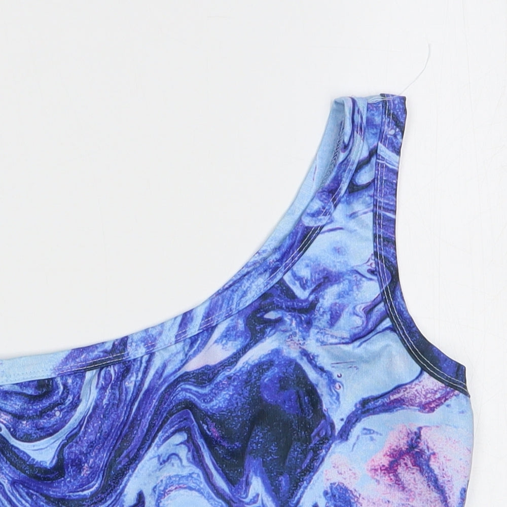 Shein Womens Blue Geometric Polyester Cropped Tank Size 6 One Shoulder - Marble Print