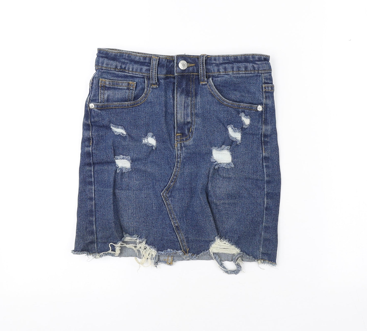 PRETTYLITTLETHING Womens Blue Cotton Mini Skirt Size 6 Button - Distressed look