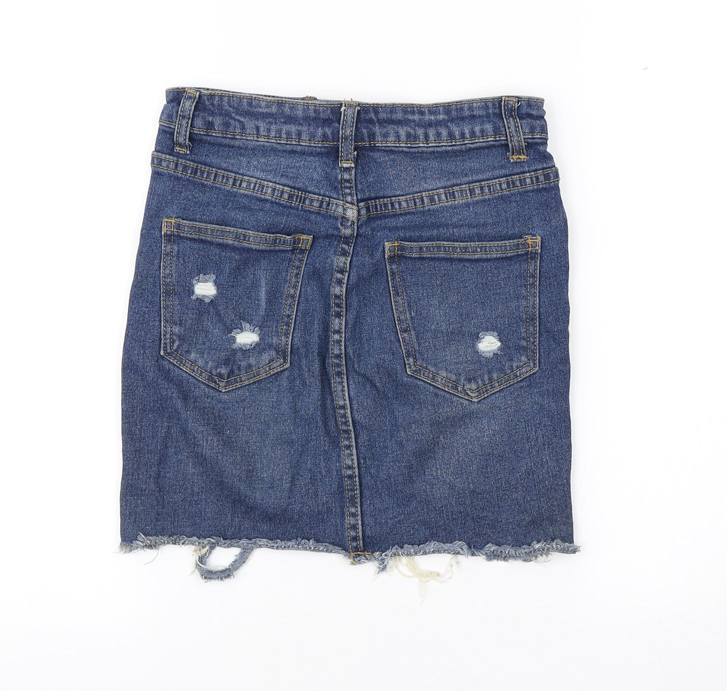 PRETTYLITTLETHING Womens Blue Cotton Mini Skirt Size 6 Button - Distressed look