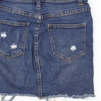 PRETTYLITTLETHING Womens Blue Cotton Mini Skirt Size 6 Button - Distressed look