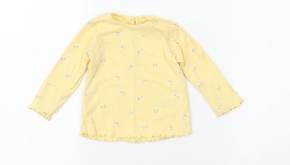 Primark Girls Yellow Floral Cotton Basic T-Shirt Size 9-12 Months Round Neck Button - Scalloped trims