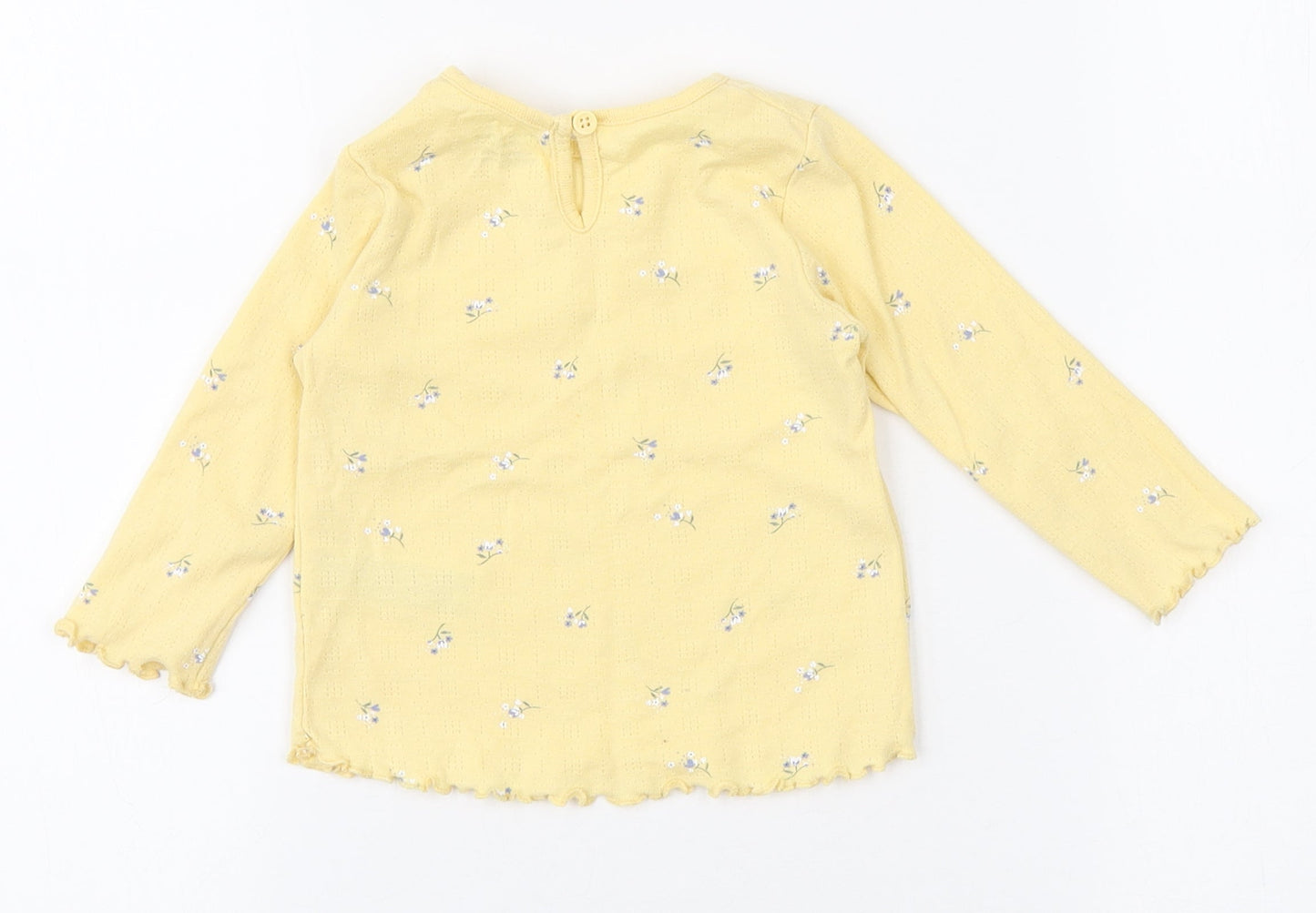 Primark Girls Yellow Floral Cotton Basic T-Shirt Size 9-12 Months Round Neck Button - Scalloped trims