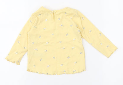 Primark Girls Yellow Floral Cotton Basic T-Shirt Size 9-12 Months Round Neck Button - Scalloped trims