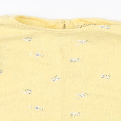 Primark Girls Yellow Floral Cotton Basic T-Shirt Size 9-12 Months Round Neck Button - Scalloped trims