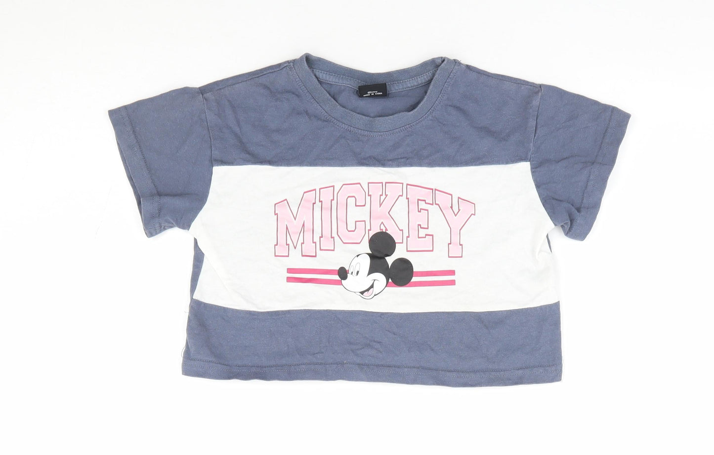 Primark Girls Grey Polyester Cropped T-Shirt Size 7-8 Years Crew Neck Pullover - Mickey Mouse