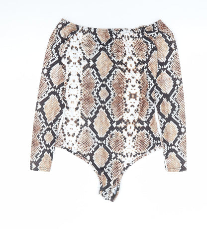 PRETTYLITTLETHING Womens Brown Animal Print Polyester Bodysuit One-Piece Size 8 Snap - Snake Skin Print