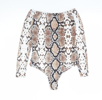 PRETTYLITTLETHING Womens Brown Animal Print Polyester Bodysuit One-Piece Size 8 Snap - Snake Skin Print