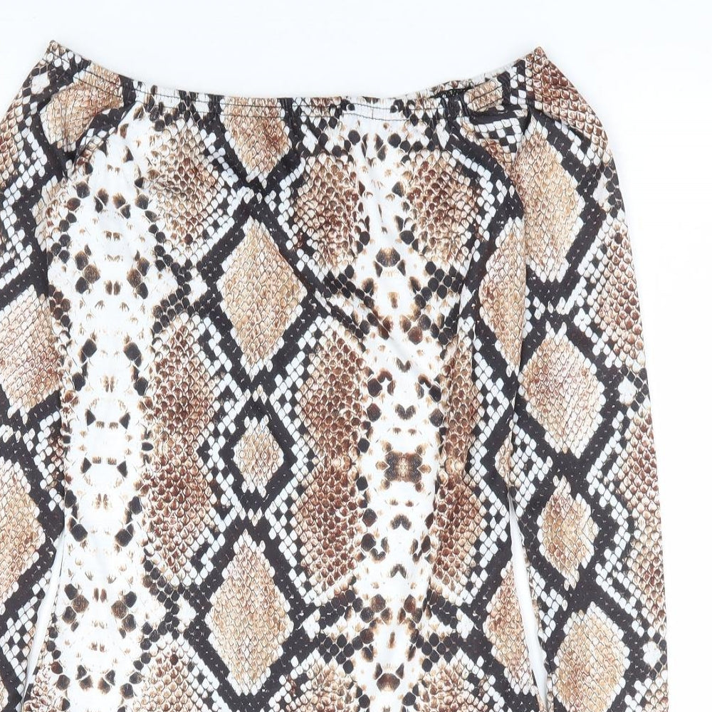 PRETTYLITTLETHING Womens Brown Animal Print Polyester Bodysuit One-Piece Size 8 Snap - Snake Skin Print