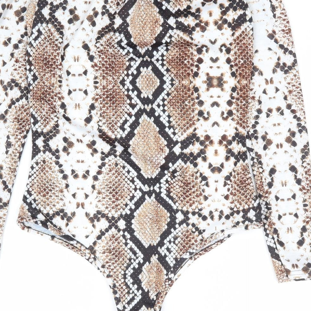 PRETTYLITTLETHING Womens Brown Animal Print Polyester Bodysuit One-Piece Size 8 Snap - Snake Skin Print