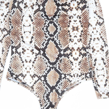 PRETTYLITTLETHING Womens Brown Animal Print Polyester Bodysuit One-Piece Size 8 Snap - Snake Skin Print