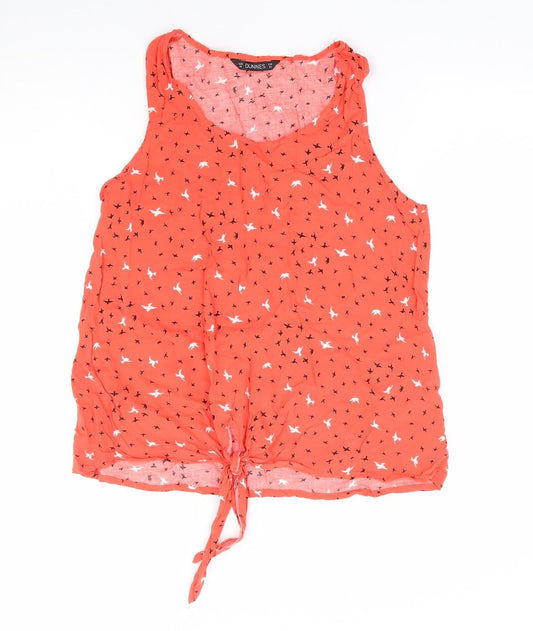 Dunnes Womens Orange Geometric Viscose Jersey Blouse Size 14 Round Neck - Tie Front