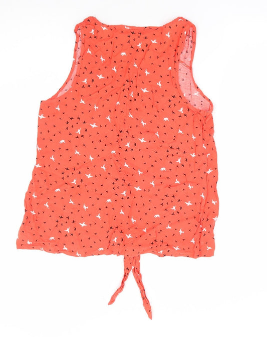 Dunnes Womens Orange Geometric Viscose Jersey Blouse Size 14 Round Neck - Tie Front