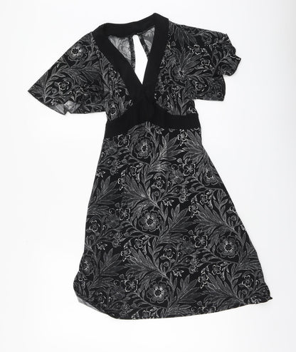 Quiz Womens Black Floral Polyester A-Line Size 14 V-Neck