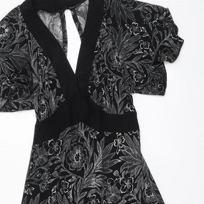 Quiz Womens Black Floral Polyester A-Line Size 14 V-Neck