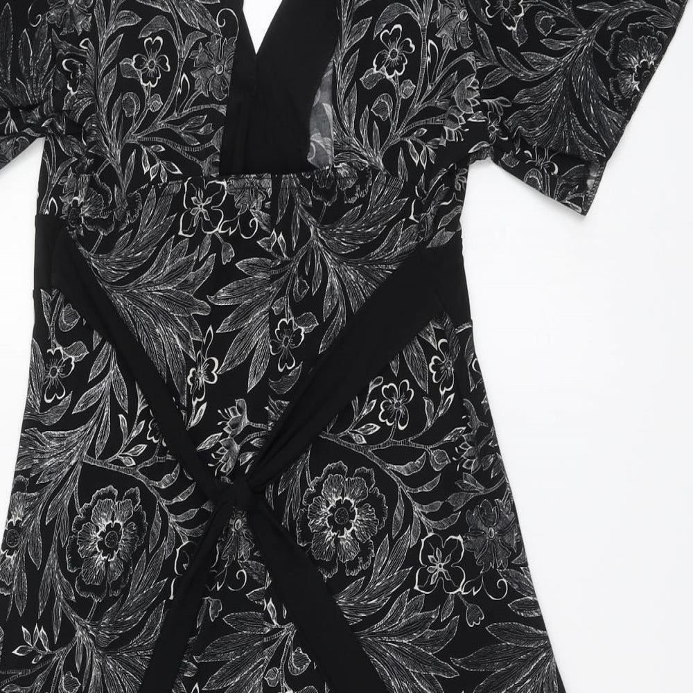 Quiz Womens Black Floral Polyester A-Line Size 14 V-Neck
