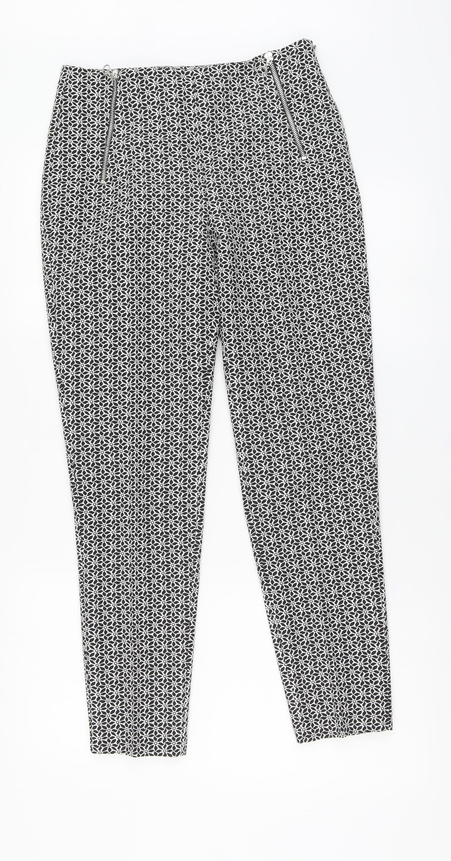 F&F Womens Black Floral Polyester Chino Trousers Size 8 L27 in Regular Zip