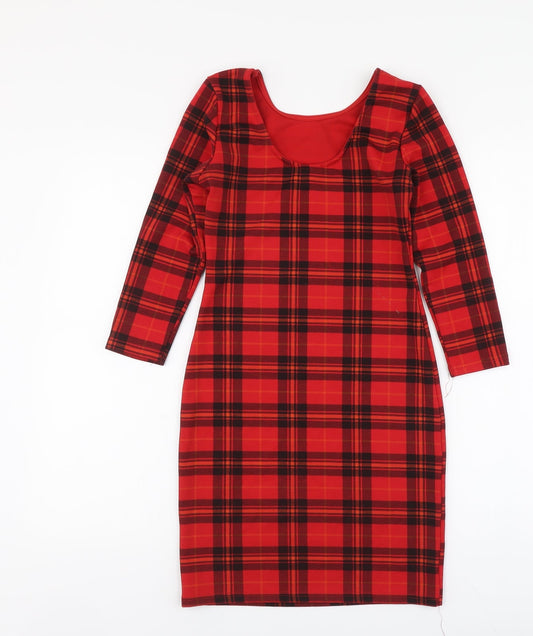 Exhibit Womens Red Plaid Polyester A-Line Size 8 Round Neck