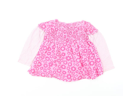 Marks and Spencer Girls Pink Floral Cotton Skater Dress Size 12-18 Months Round Neck Pullover