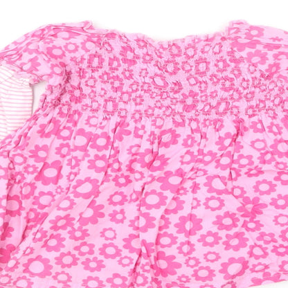Marks and Spencer Girls Pink Floral Cotton Skater Dress Size 12-18 Months Round Neck Pullover